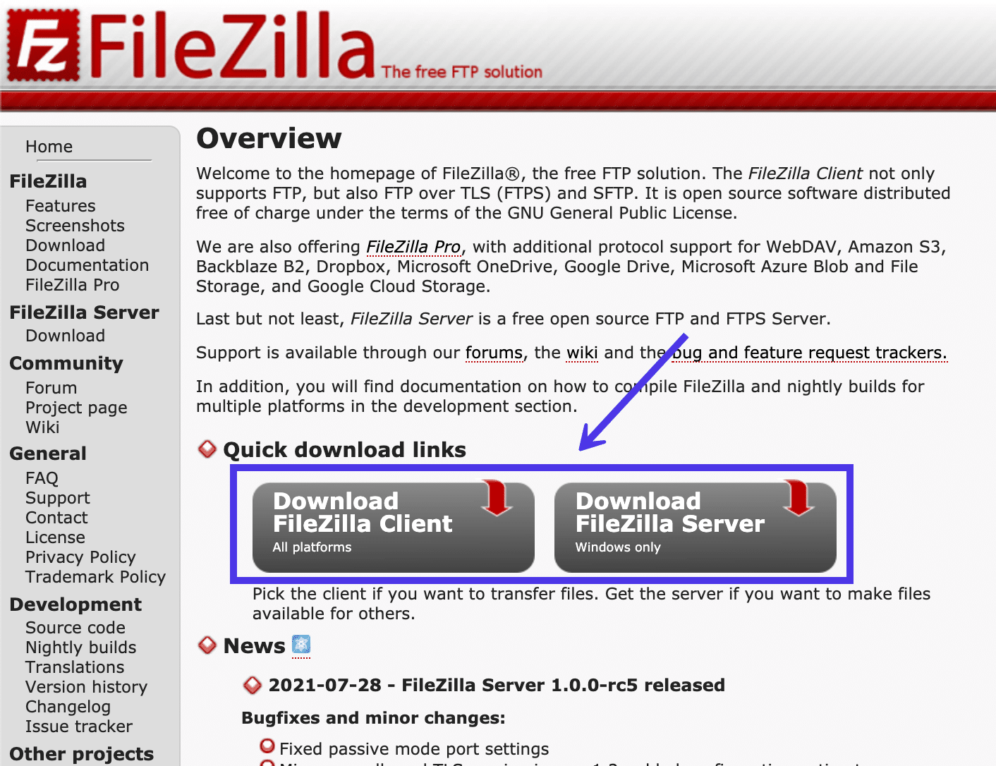 설치 프로세스를 시작하려면 FileZilla 클라이언트 다운로드 버튼을 클릭하십시오.