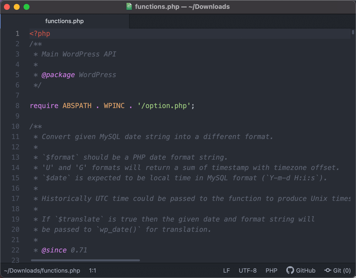 Atom에서 functions.php 파일 보기.