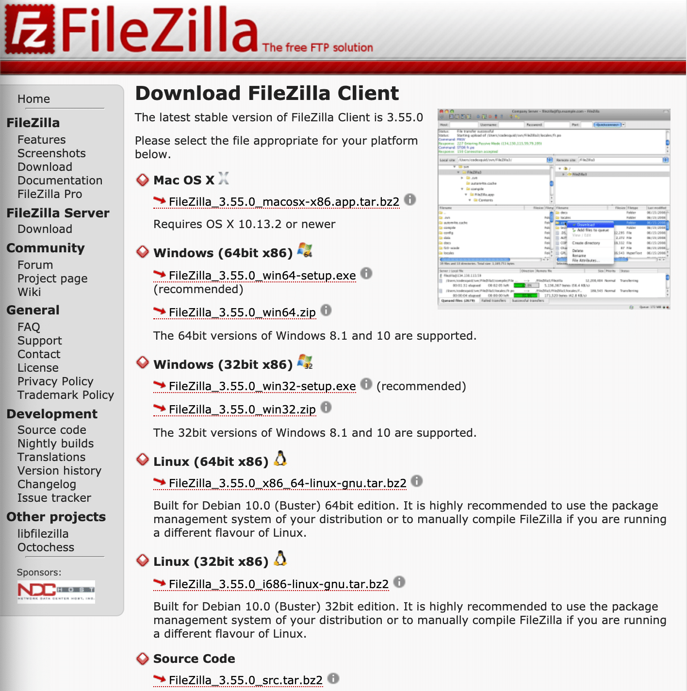 모든 FileZilla 버전과 해당 다운로드 링크가 있는 페이지.