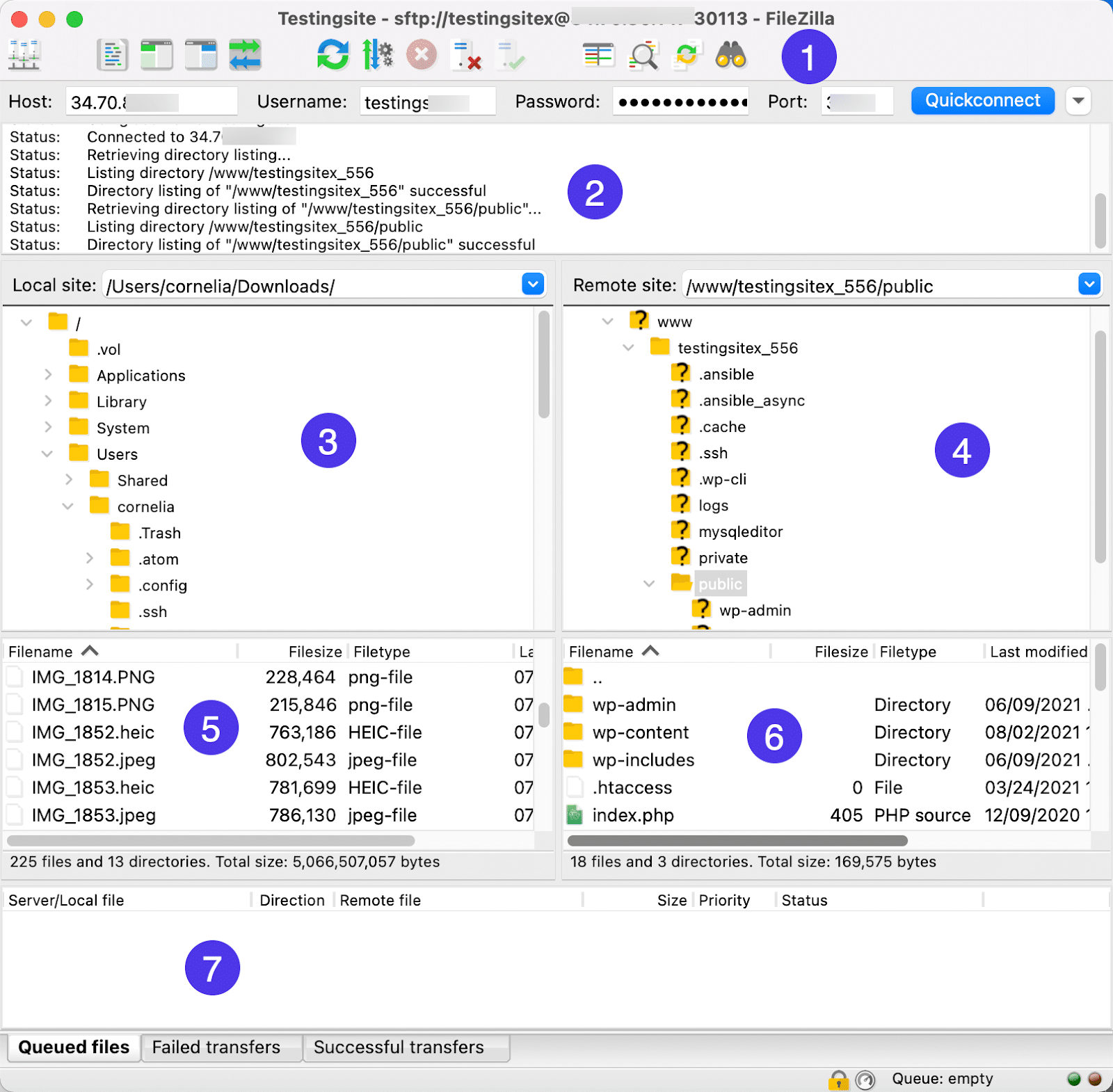 FileZilla 및 다양한 기능에 대한 전체 보기.