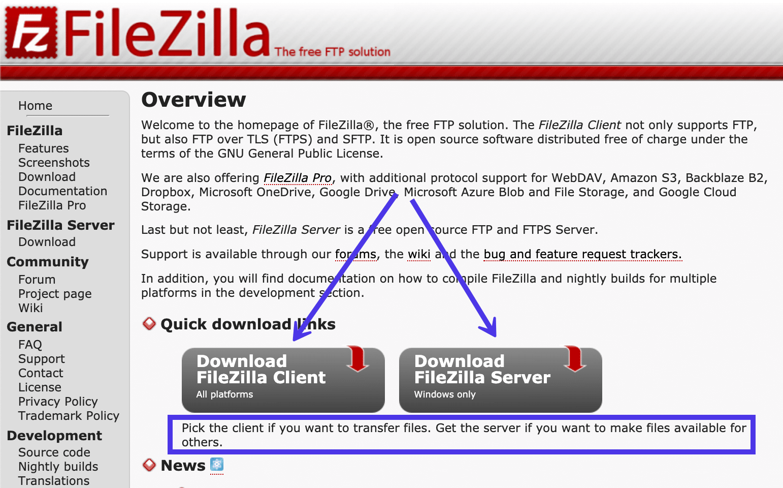 FileZilla 웹 사이트에는 FileZilla 클라이언트와 FileZilla 서버에 대한 두 가지 다운로드 옵션이 있습니다.