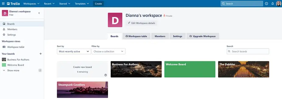 มุมมองพื้นที่ทำงาน Trello เริ่มต้น