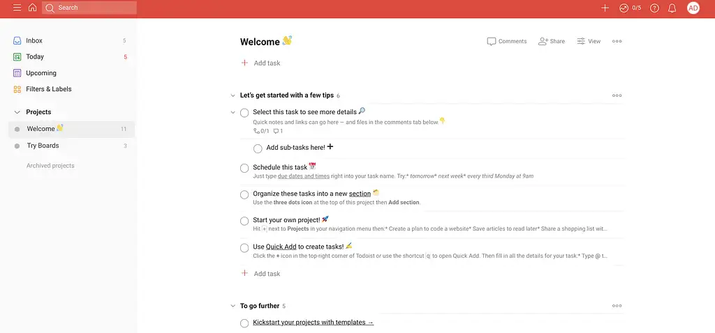 Trello vs Todoist: พื้นที่โครงการ Todoist
