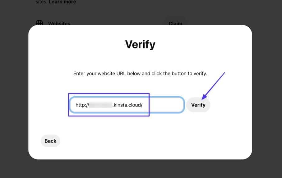 Incolla l'URL di WordPress e fai clic su Verifica