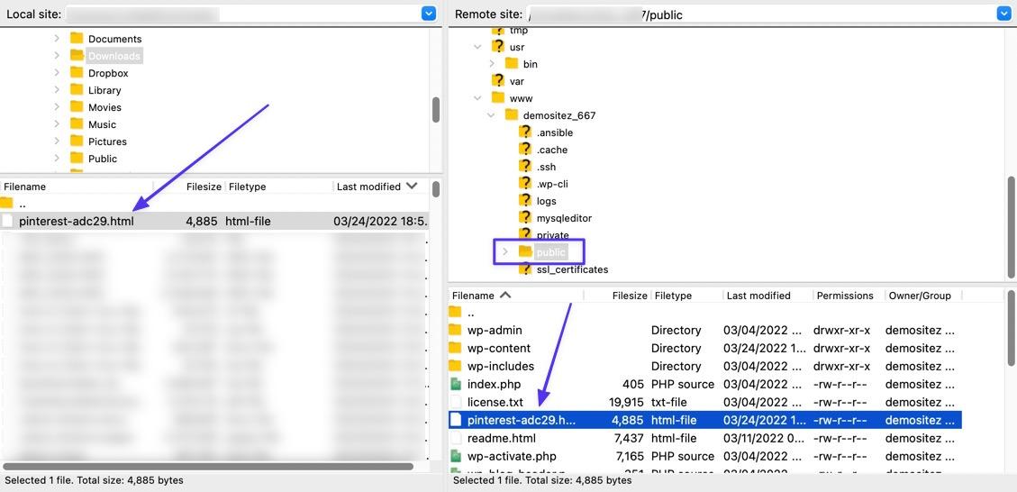Trascina il file HTML di Pinterest dal server locale (il tuo computer) nella cartella principale sul tuo server host (sito remoto)