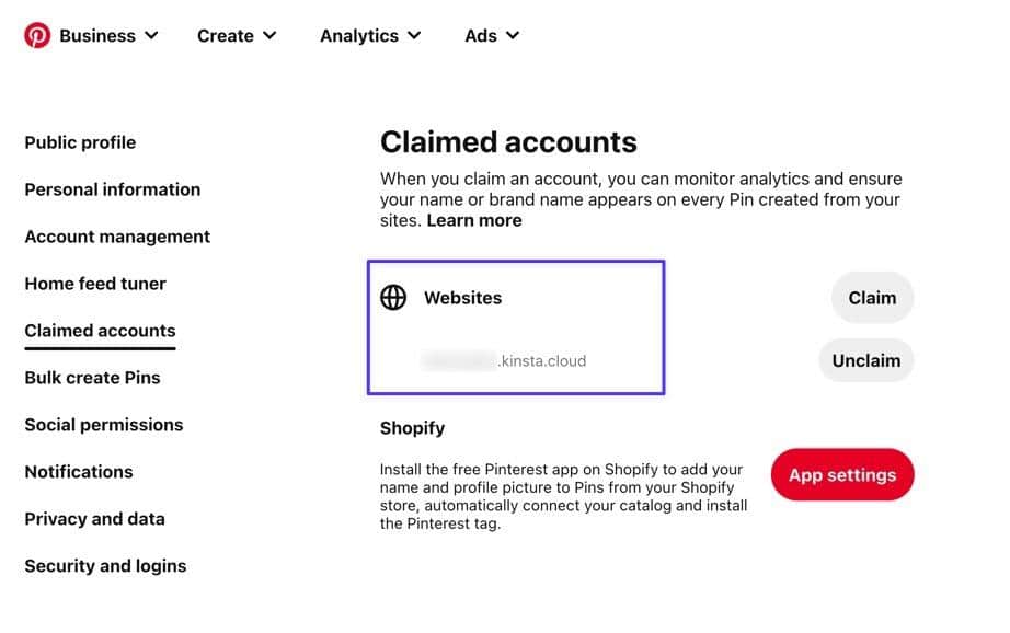 Visualizza la sezione Account rivendicati per vedere tutti i siti Web rivendicati su Pinterest