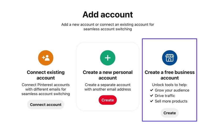 Opzione su Pinterest per creare un account Business gratuito