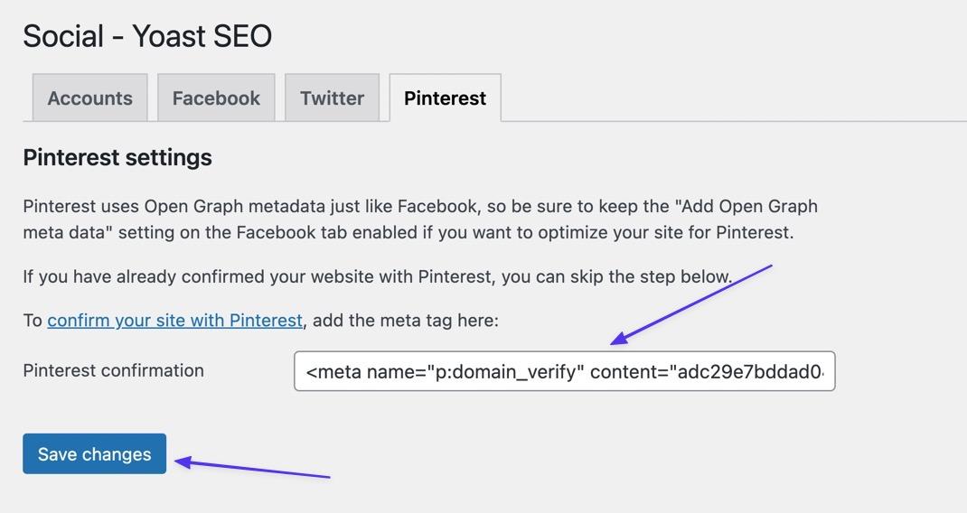Incolla il tag nel campo Conferma Pinterest