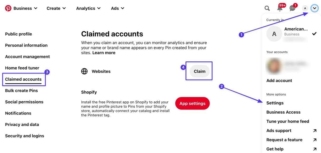 Vai alla sezione Account rivendicati su Pinterest
