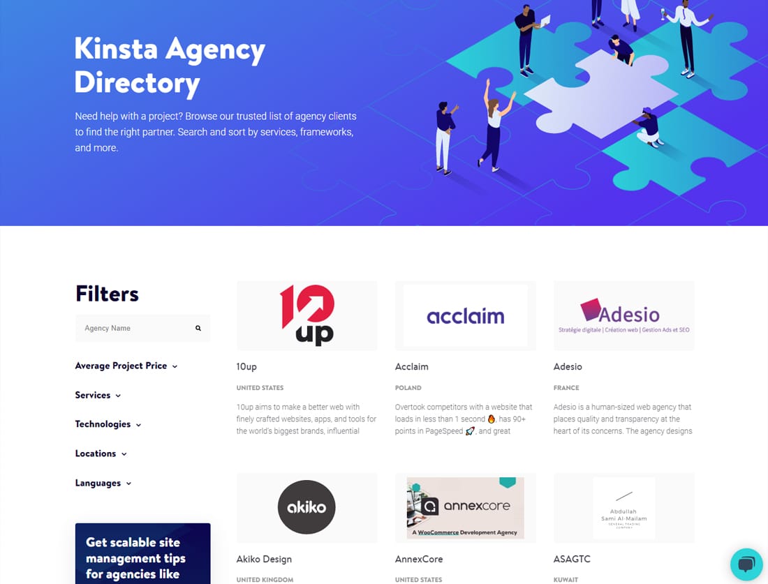 Kinsta est une plate-forme d'hébergement géré axée sur les agences, et elle soutient les agences avec son répertoire d'agences Kinsta.