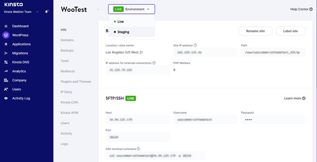Basculer entre les environnements live et staging dans MyKinsta.