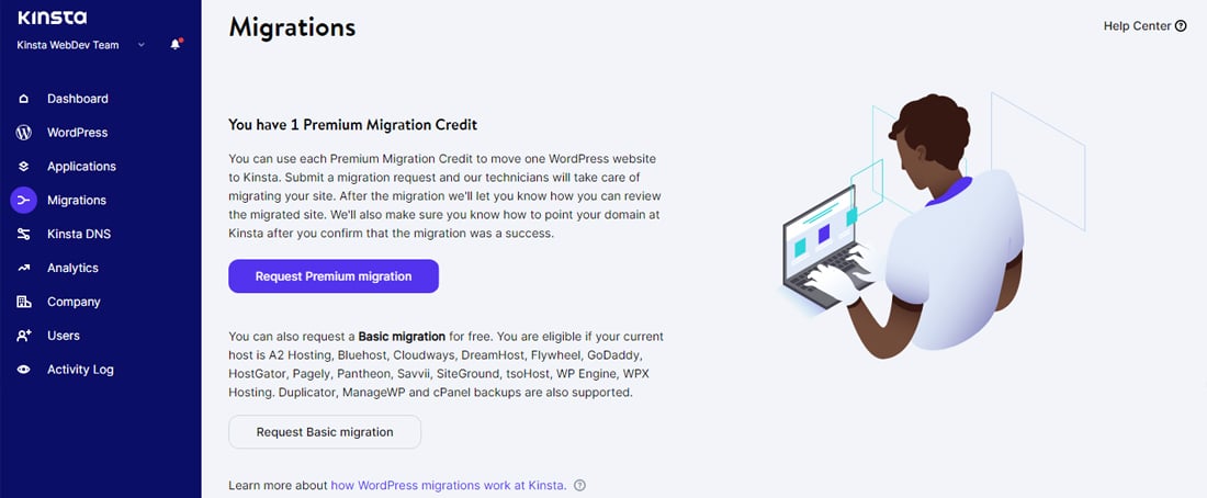 Demander des migrations de site via le tableau de bord MyKinsta.