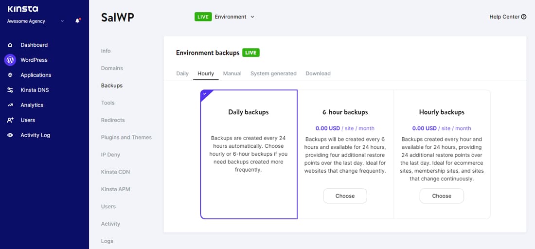 Une capture d'écran de la fonction de sauvegarde de l'environnement de Kinsta montrant les options de sauvegarde toutes les heures.