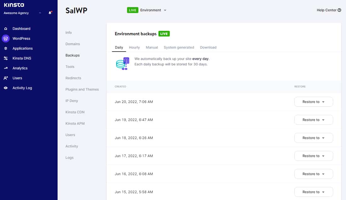 Une capture d'écran de la fonctionnalité de sauvegardes automatisées de Kinsta.