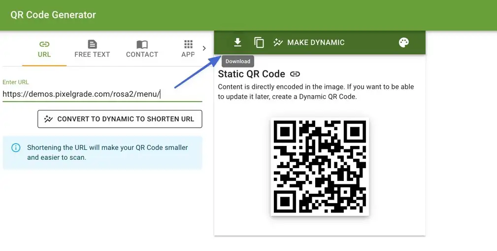 unduh kode QR yang ditautkan ke menu Anda