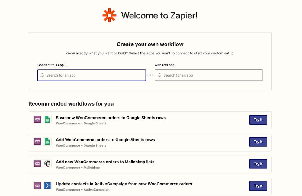 Tableau de bord Zapier avec workflows WooCommerce.