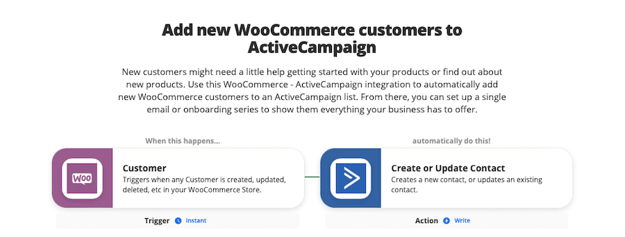 Zap pour ajouter de nouveaux clients WooCommerce à ActiveCampaign.