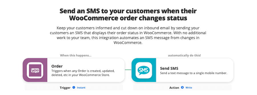 Zap pour envoyer un SMS à vos clients lorsque leur commande WooCommerce change de statut.