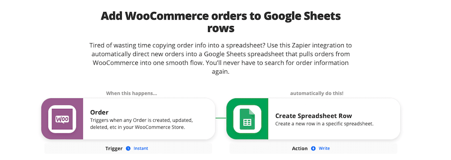 Zap pour ajouter des commandes WooCommerce aux lignes Google Sheets.