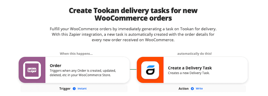 Zap pour créer des tâches de livraison Tookan pour les nouvelles commandes WooCommerce.
