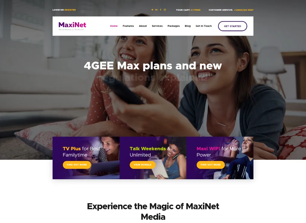 MaxiNet | Tema WordPress per provider Internet a banda larga e telecomunicazioni + Elementor