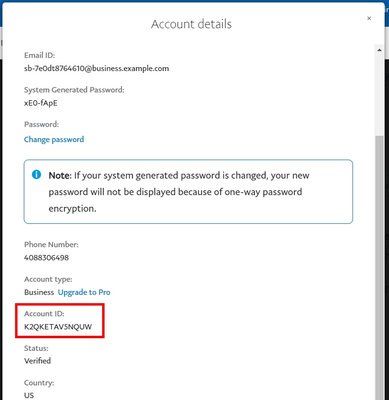 credenciais da conta sandbox do paypal