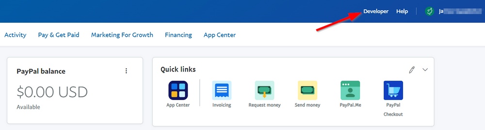 ir para a conta de desenvolvedor do paypal
