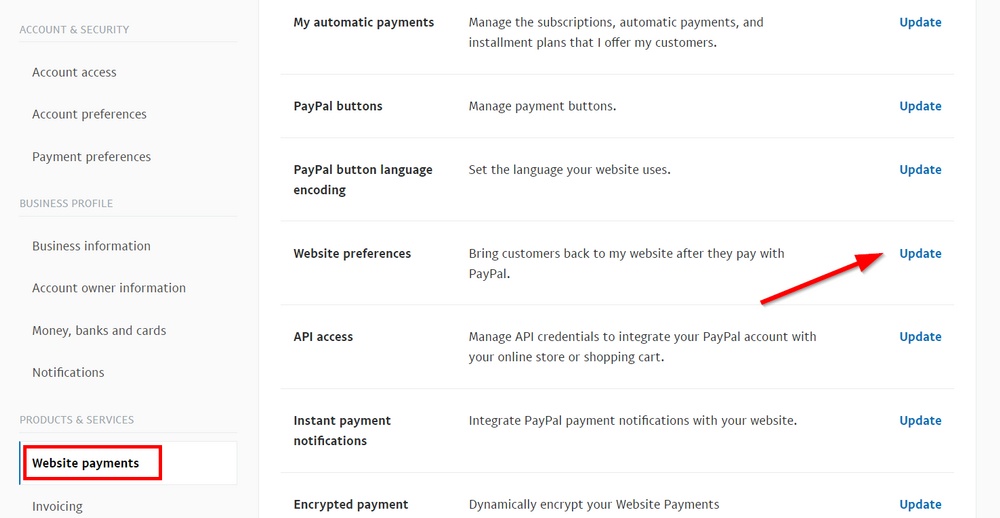 atualizar as preferências do site de pagamento paypal