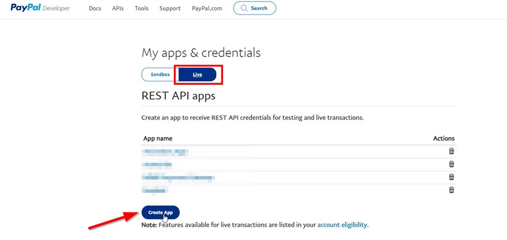 criar aplicativo de API REST ao vivo na conta de desenvolvedor do paypal