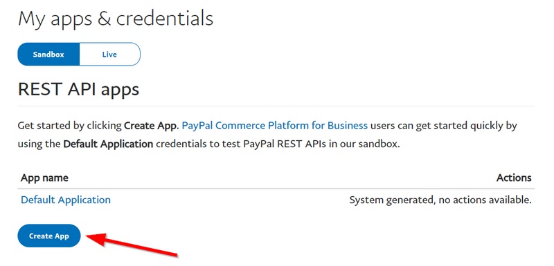 criar aplicativo sandbox rest api paypal