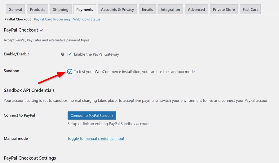habilitar conta de teste de sandbox do paypal no woocommerce