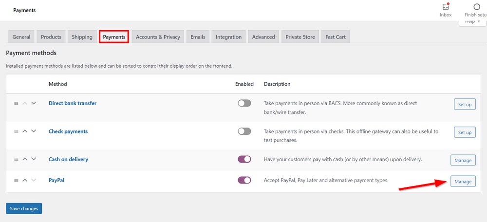 gerenciar as configurações do gateway de pagamento paypal no woocommerce