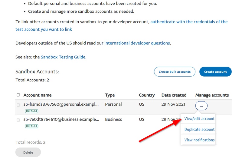 ver editar configurações pessoais da conta do sandbox do paypal