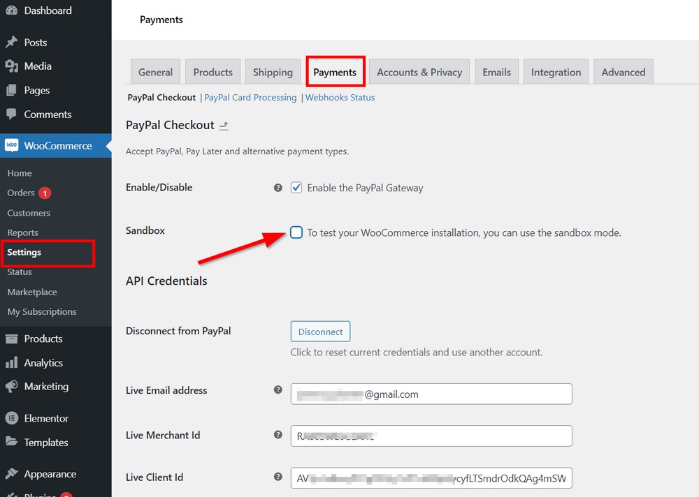 desativar o ambiente de teste do sandbox do paypal woocommerce