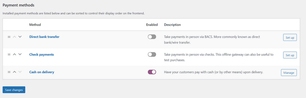 métodos de pagamento padrão do WooCommerce