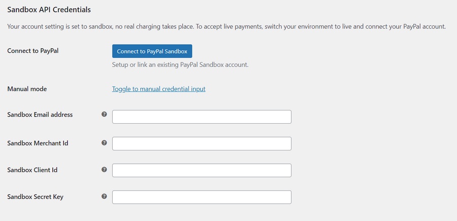 Alternar para entrada manual de credenciais para conta sandbox paypal no woocommerce