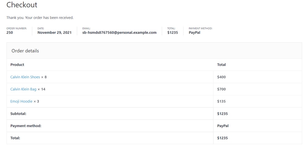 página de pedido de checkout paypal recebido