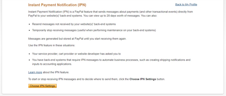 escolha as configurações de ipn do paypal