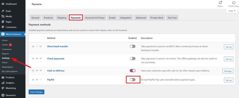 ativar o método de pagamento paypal no woocommerce