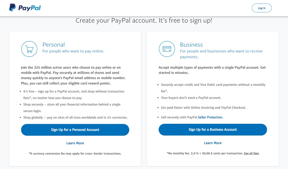 criar nova conta comercial paypal