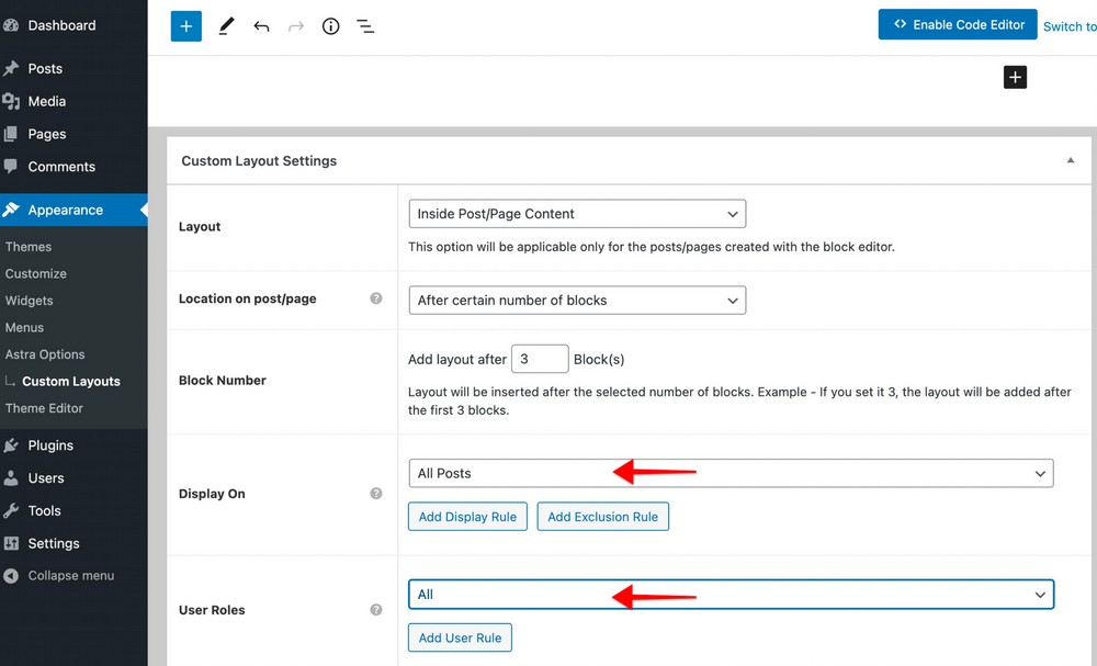 Configuración de diseños personalizados de Astra
