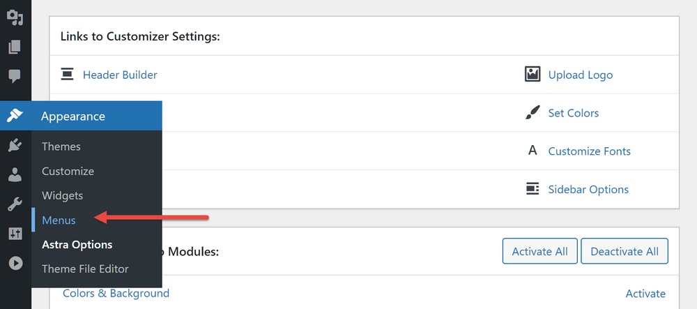 Élément de menu des menus du tableau de bord WordPress