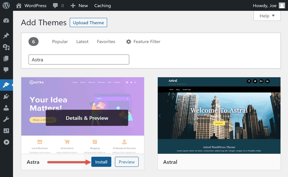 Installer le thème Astra à partir du tableau de bord WordPress
