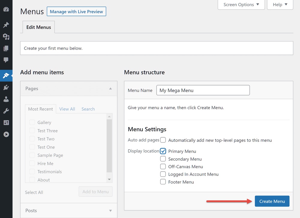 WordPress créer un nouveau menu