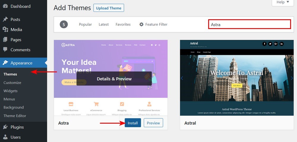 Installa il tema Astra