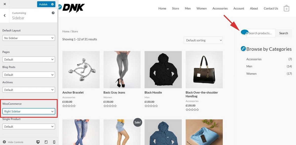 Barra laterale destra del catalogo prodotti Astra WooCommerce