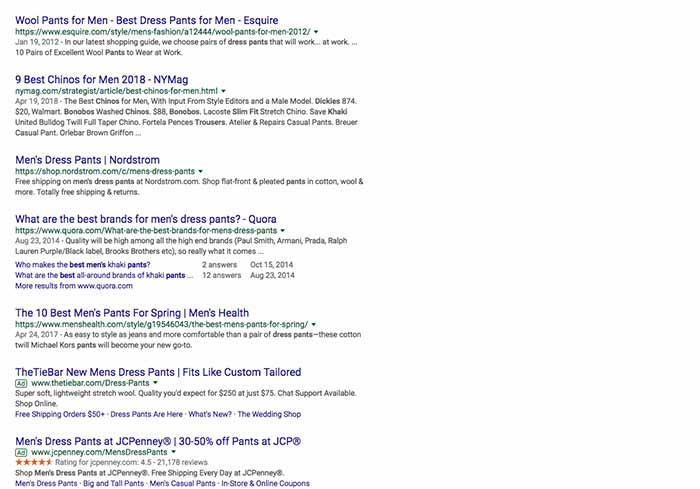 e-ticaret seosu için anahtar kelime araştırması - Google Arama'daki en iyi erkek pantolonları genişletilmiş