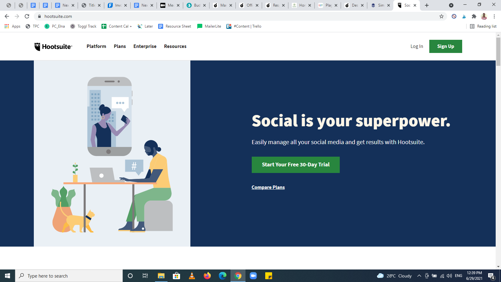Ejemplo de la página de inicio de Hootsuite