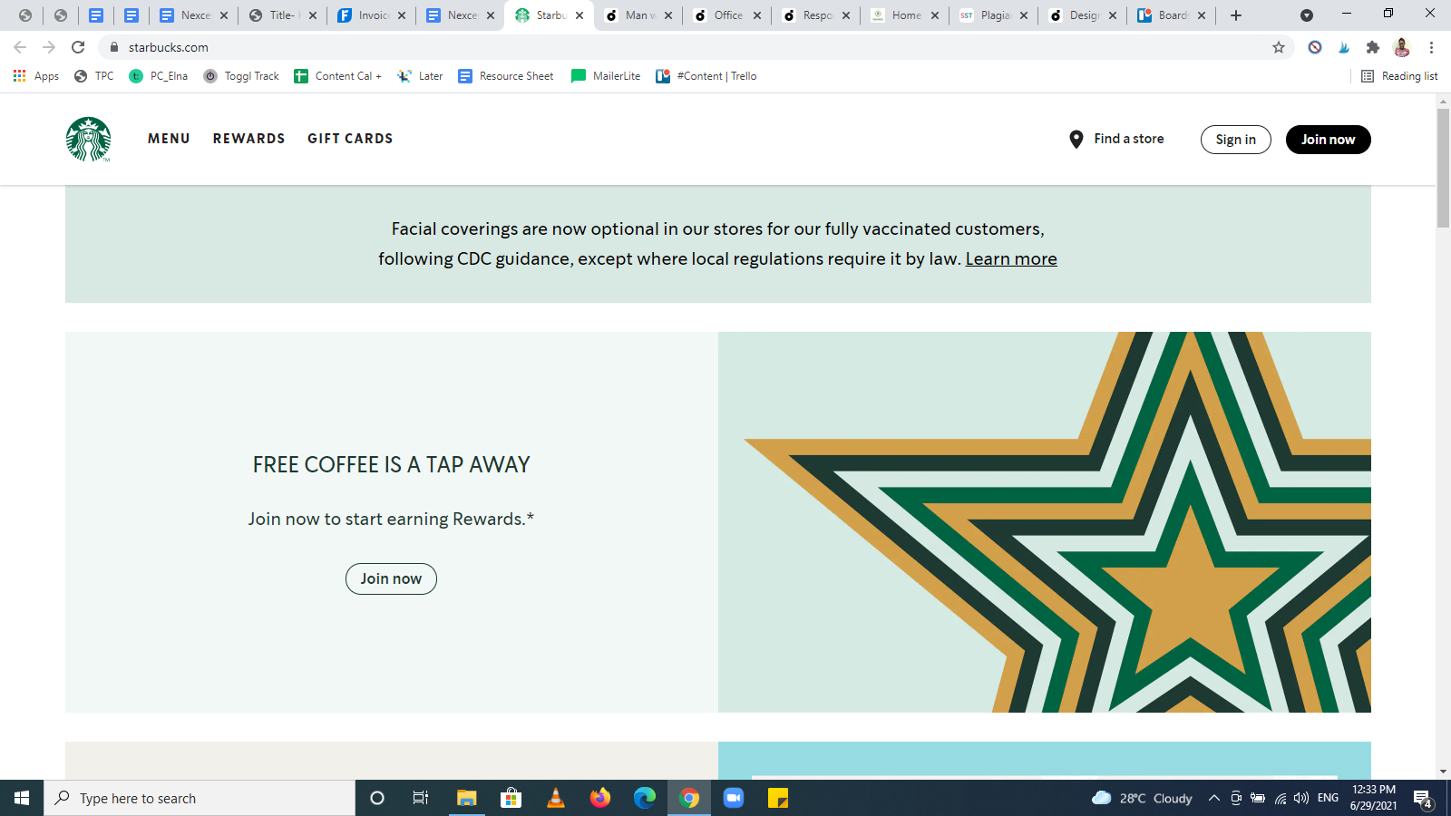 Ejemplo de la página de inicio de Starbucks