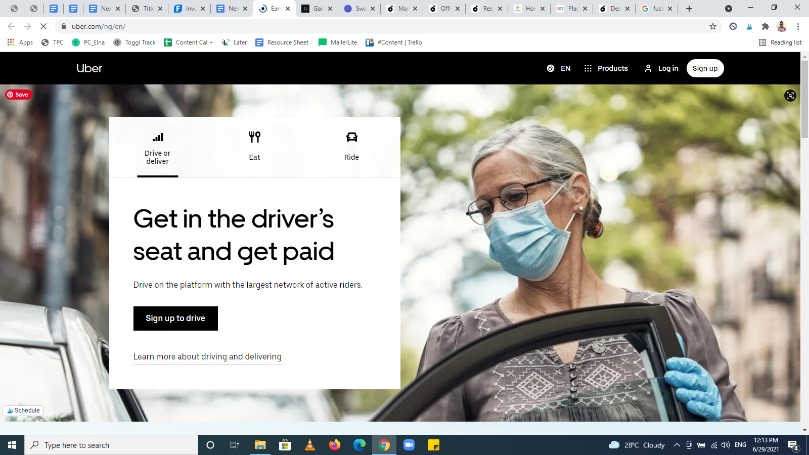 Ejemplos de la página de inicio de Uber